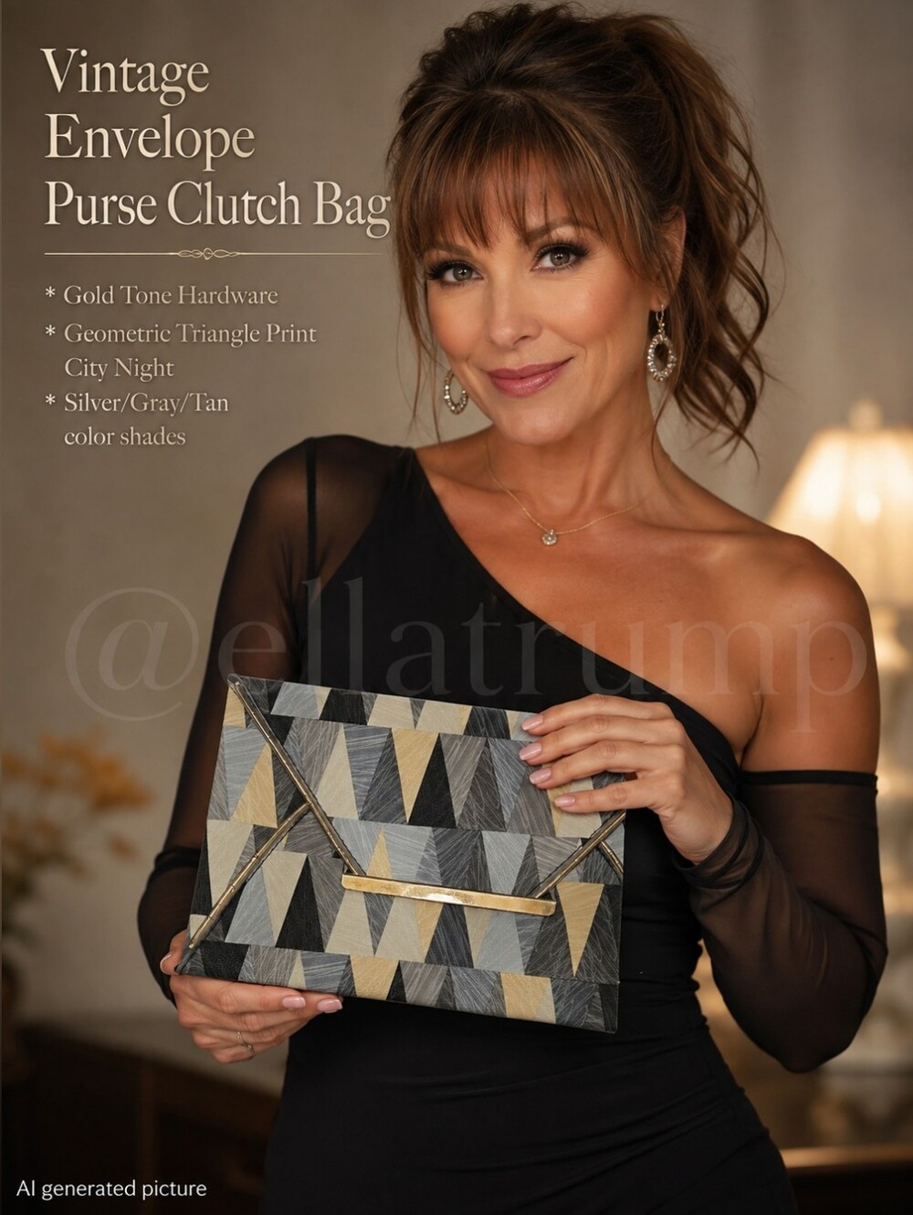 Envelope Purse Clutch Bag Gold Tone Silver Geometric Triangle Print City Night